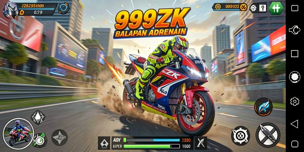 Tampilan gameplay 999ZK dengan balapan motor yang seru dan mendebarkan.