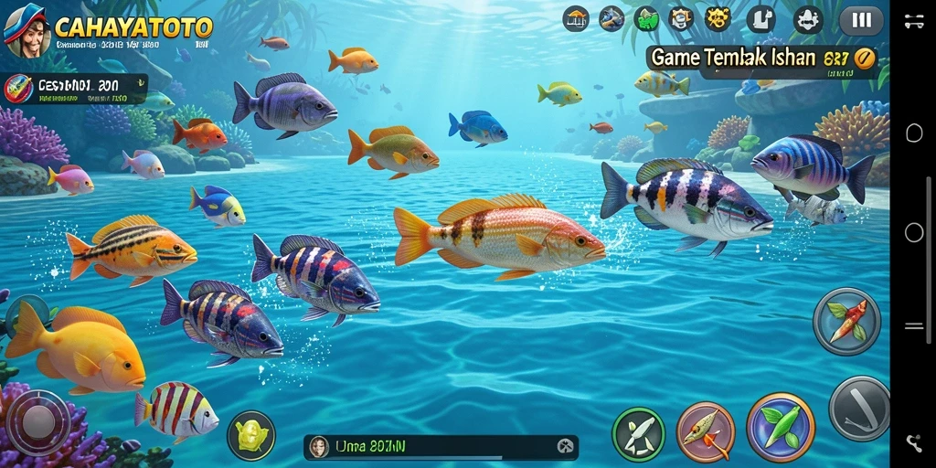Tampilan gameplay seru dalam CAHAYATOTO dengan aksi tembak ikan.
