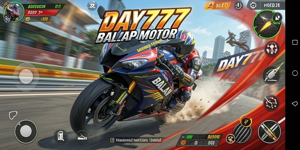 Screenshot gameplay DAY777 menampilkan aksi balap motor yang mendebarkan.