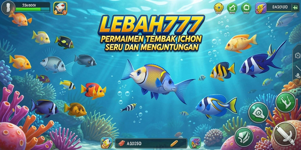 Tampilan gameplay seru dalam LEBAH777 dengan banyak ikan berwarna-warni.