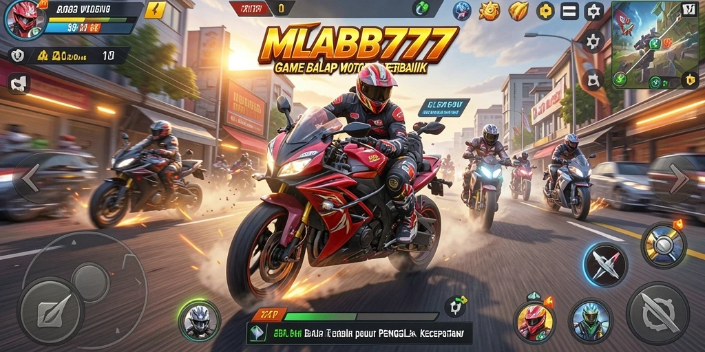 Tangkapan layar gameplay MLBB777 menampilkan balapan motor yang cepat dan mendebarkan.